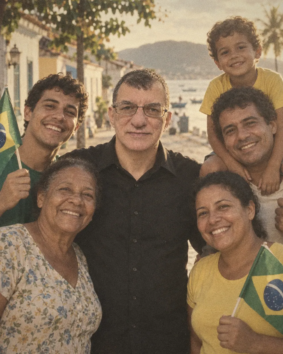 Pixoxó na rua com moradores, alguns com bandeirinhas do Brasil